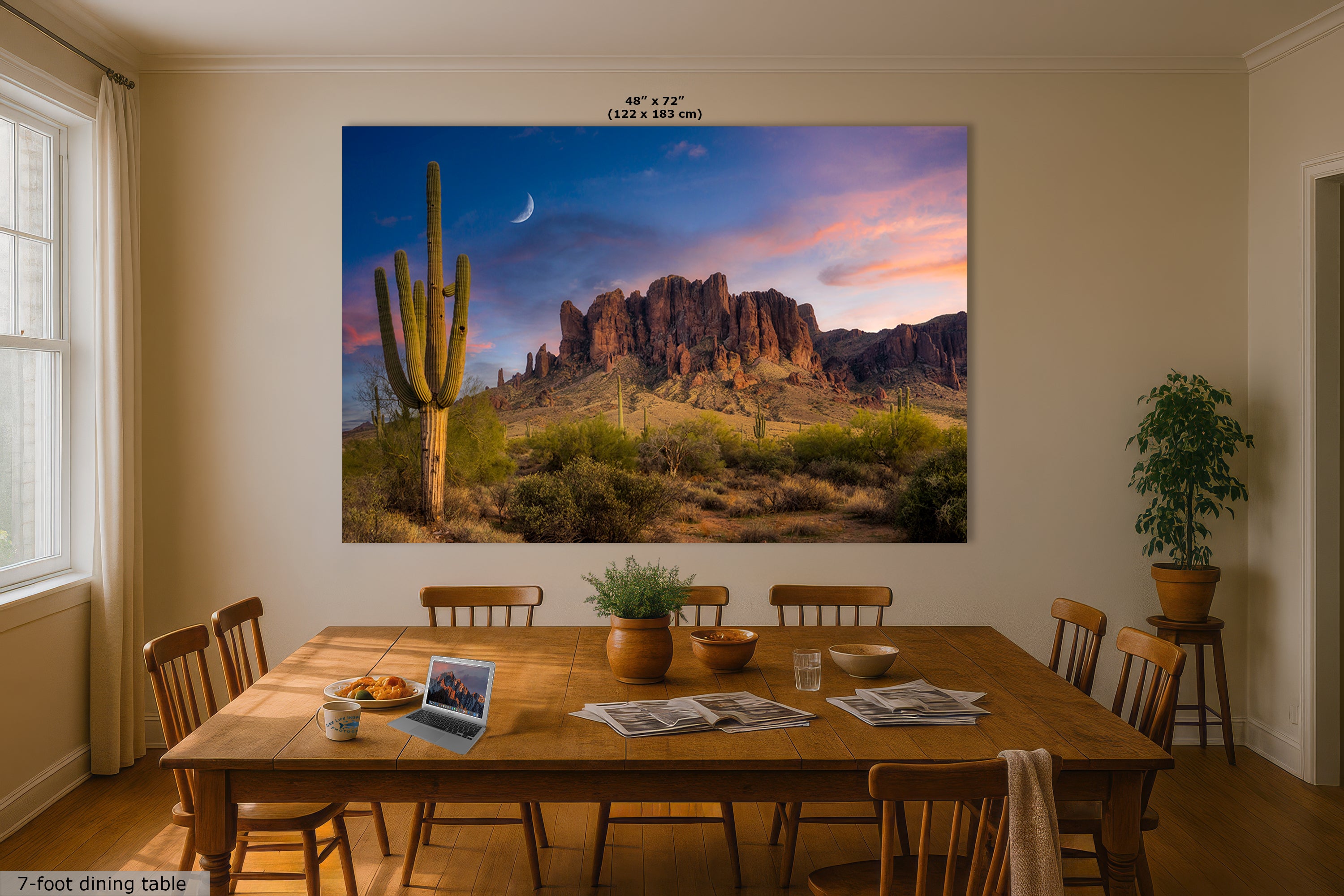 Arizona Desert Picture Sunset, Saguaro Cactus Artwork Nature Photo, Southwestern Wall Art of Superstition Mountains at Lost Dutchman State Park