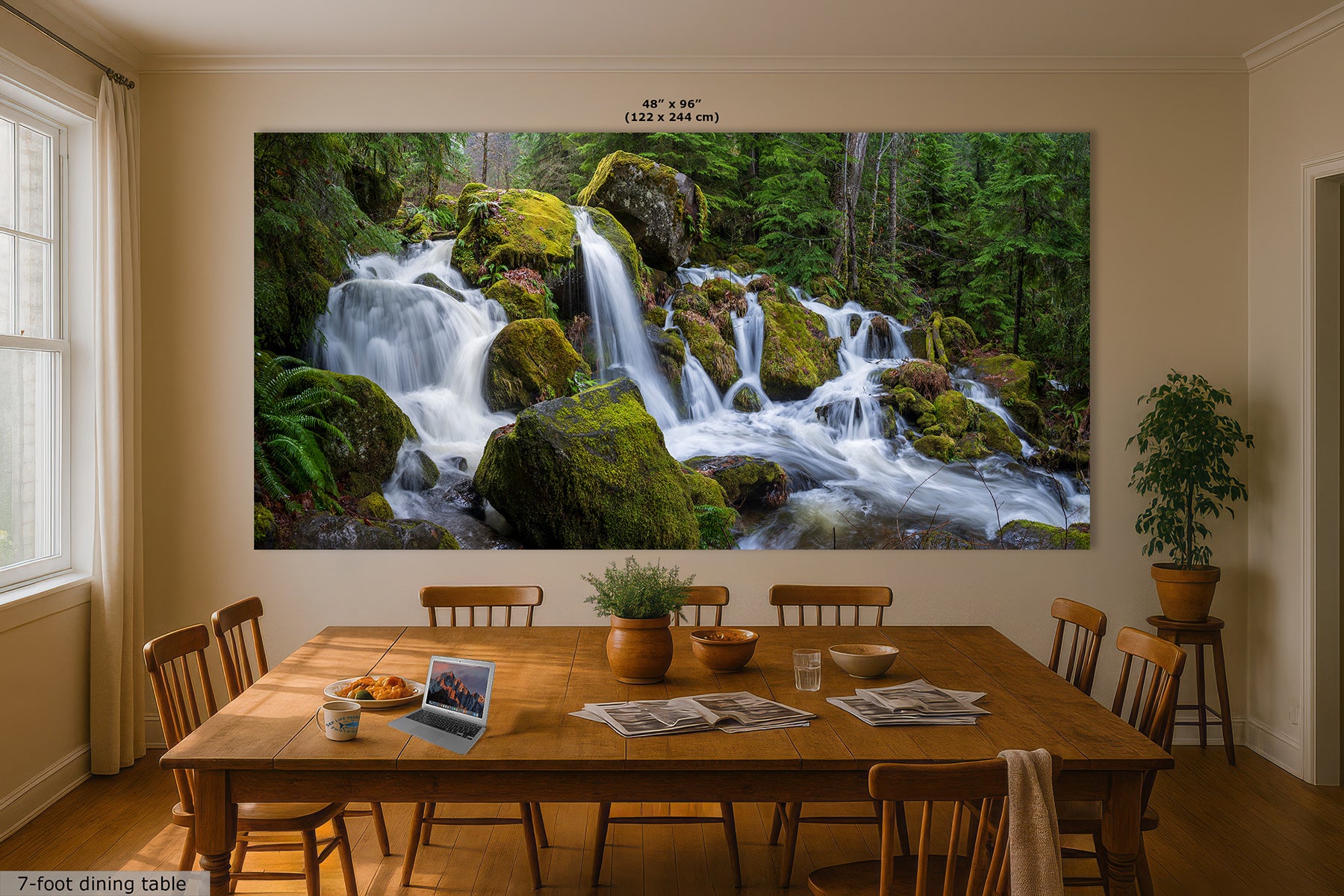 A large wall mural depicting a lush green forest waterfall, shown in a dining room setting above a wooden dining table. The mural is labeled with dimensions '48" x 96" (122 cm x 244 cm)'.