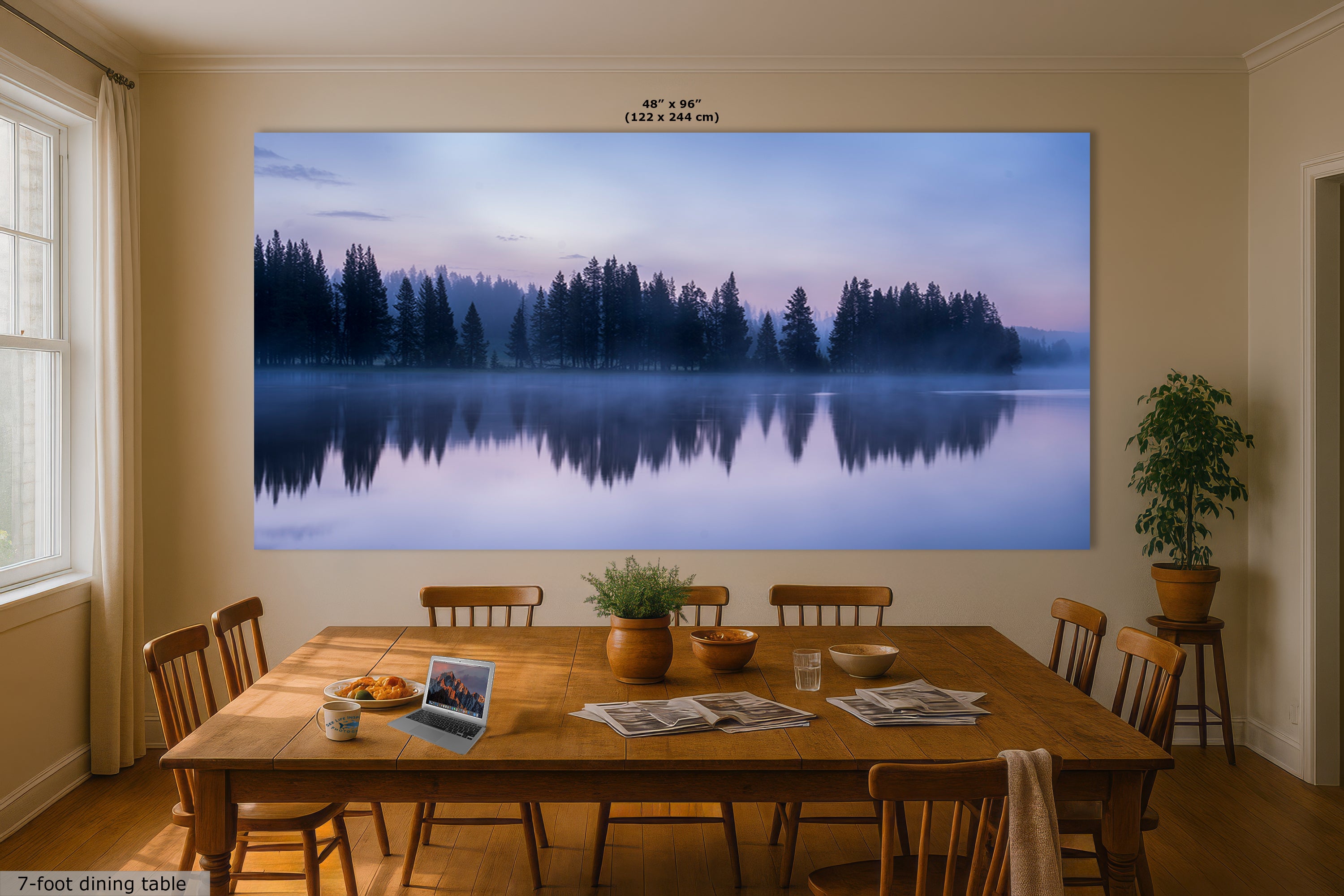 Yellowstone Lake Foggy Forest Picture, Reflection Nature Photo, Wyoming Landscape Relaxation Artwork for Meditation, Office, & House Decor