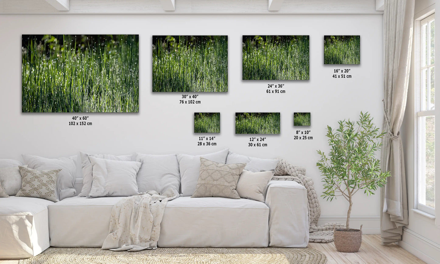 a living room with a white couch and a green wall