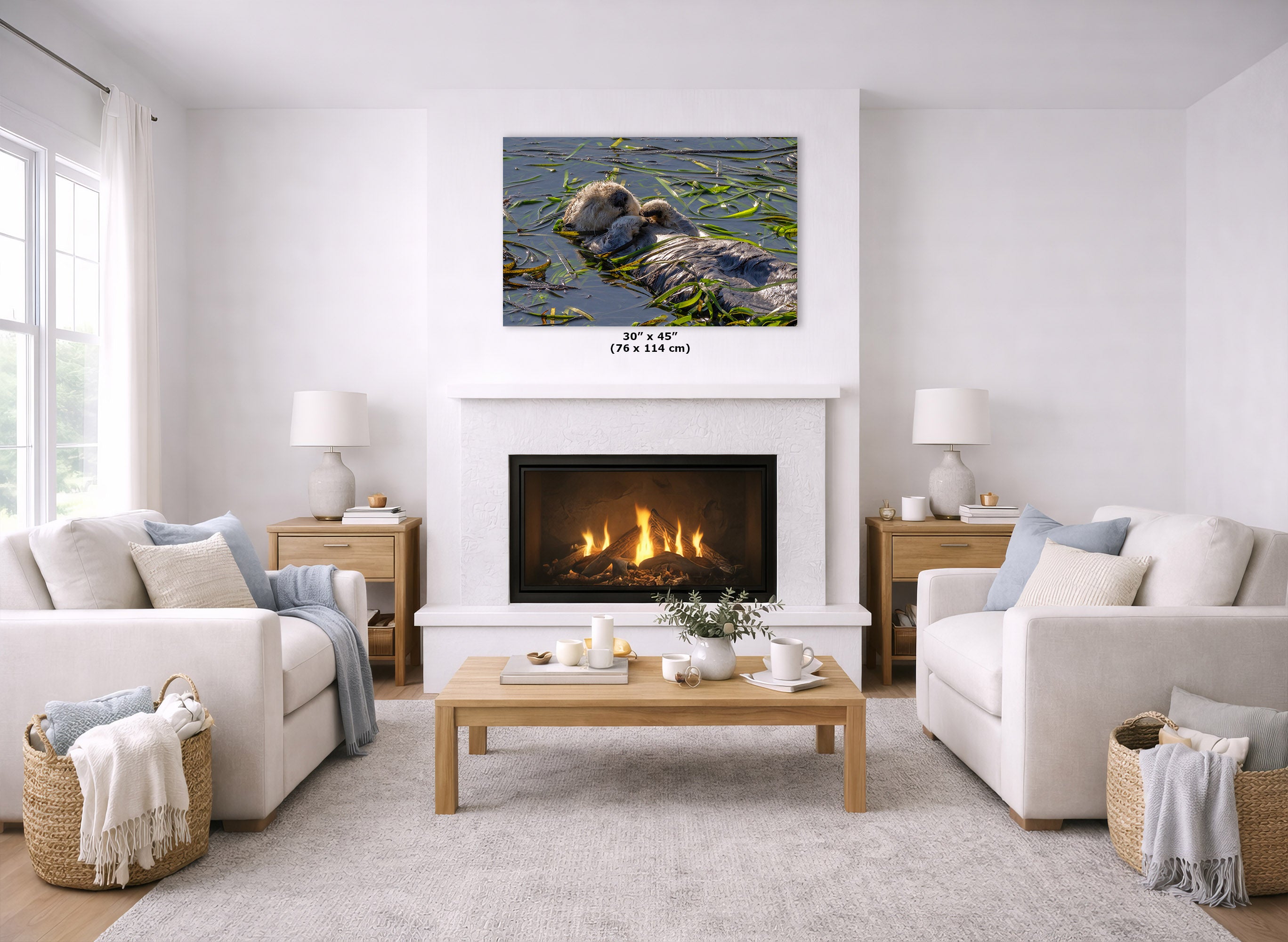 A canvas wall art print depicting a wetland scene with a sea otter and green water reeds, displayed in a modern living room mockup above a white fireplace. The print includes a small size label below it reading 30 x 45 (76 x 114 cm).