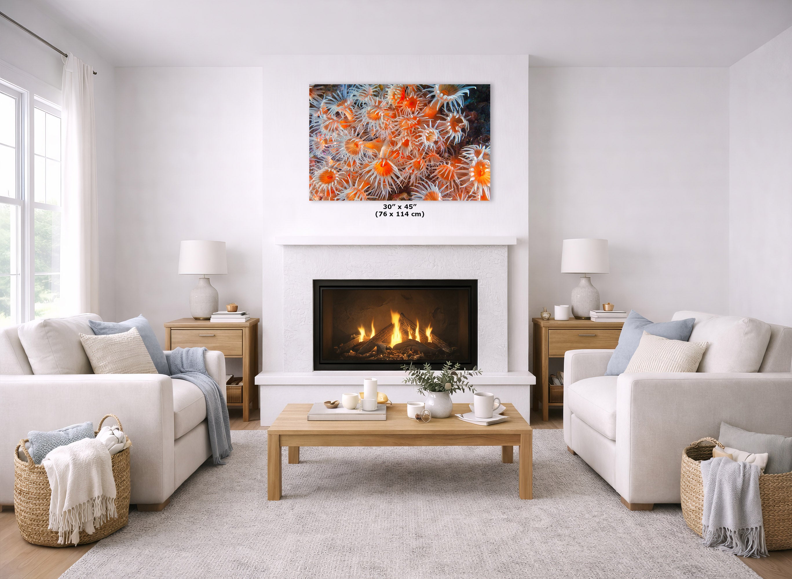 A bright, modern living room featuring a white fireplace with a black firebox, flanked by two cream sofas and a light wood coffee table. Above the fireplace is a colorful abstract floral canvas print with a size overlay indicating 30 x 45 inches.