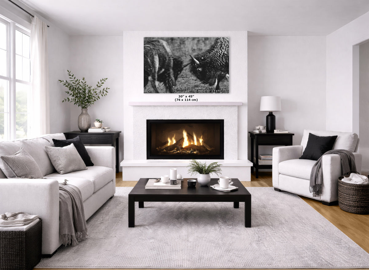 A black and white bison art print displayed on a white wall above a fireplace in a modern, bright living room with white sofas and a dark coffee table.