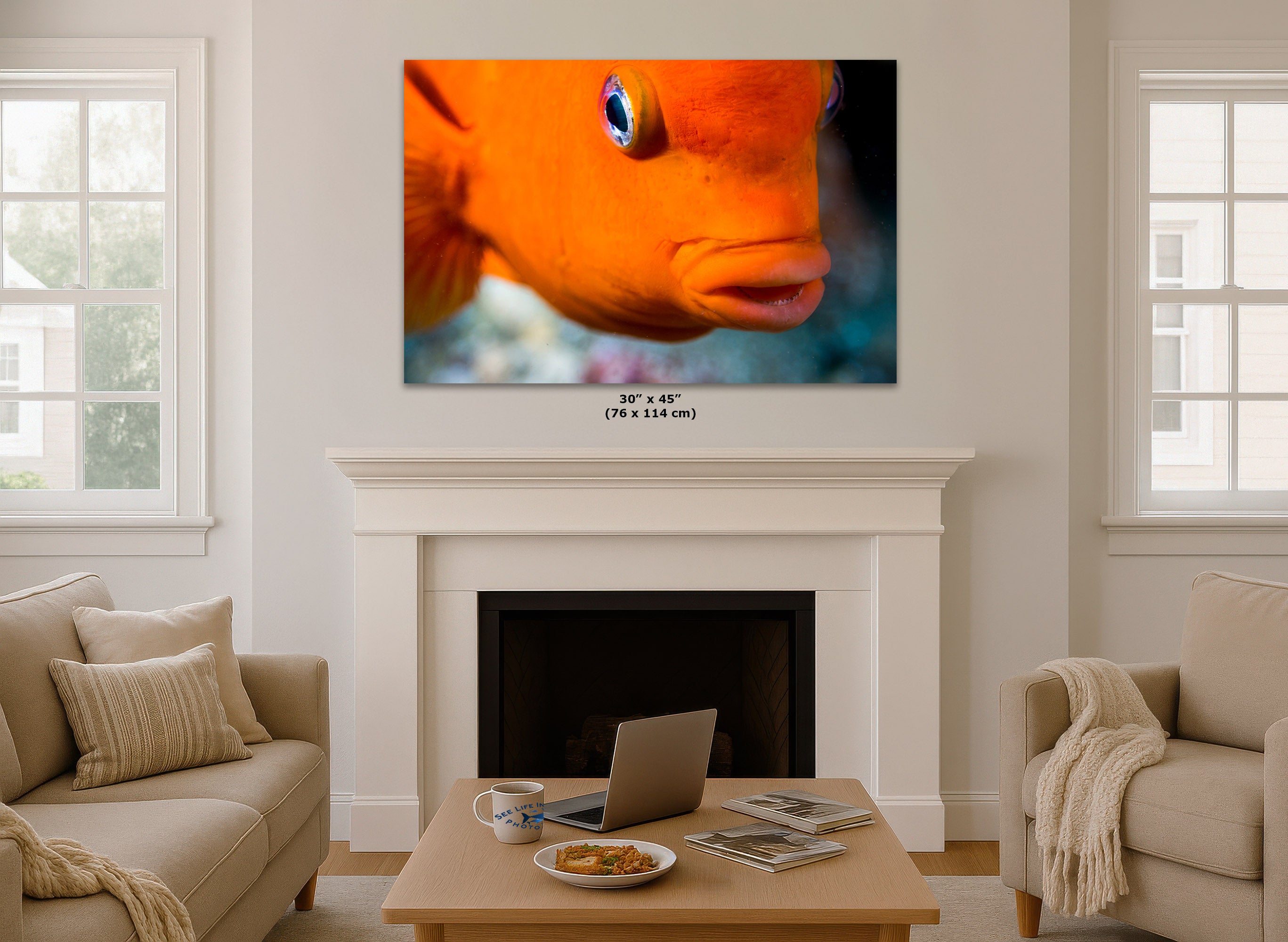 A wall art print showing a close-up orange fish is displayed above a white fireplace in a bright living room with beige sofas and a coffee table. The print includes size text below it reading 30" x 45" (76 x 114 cm).