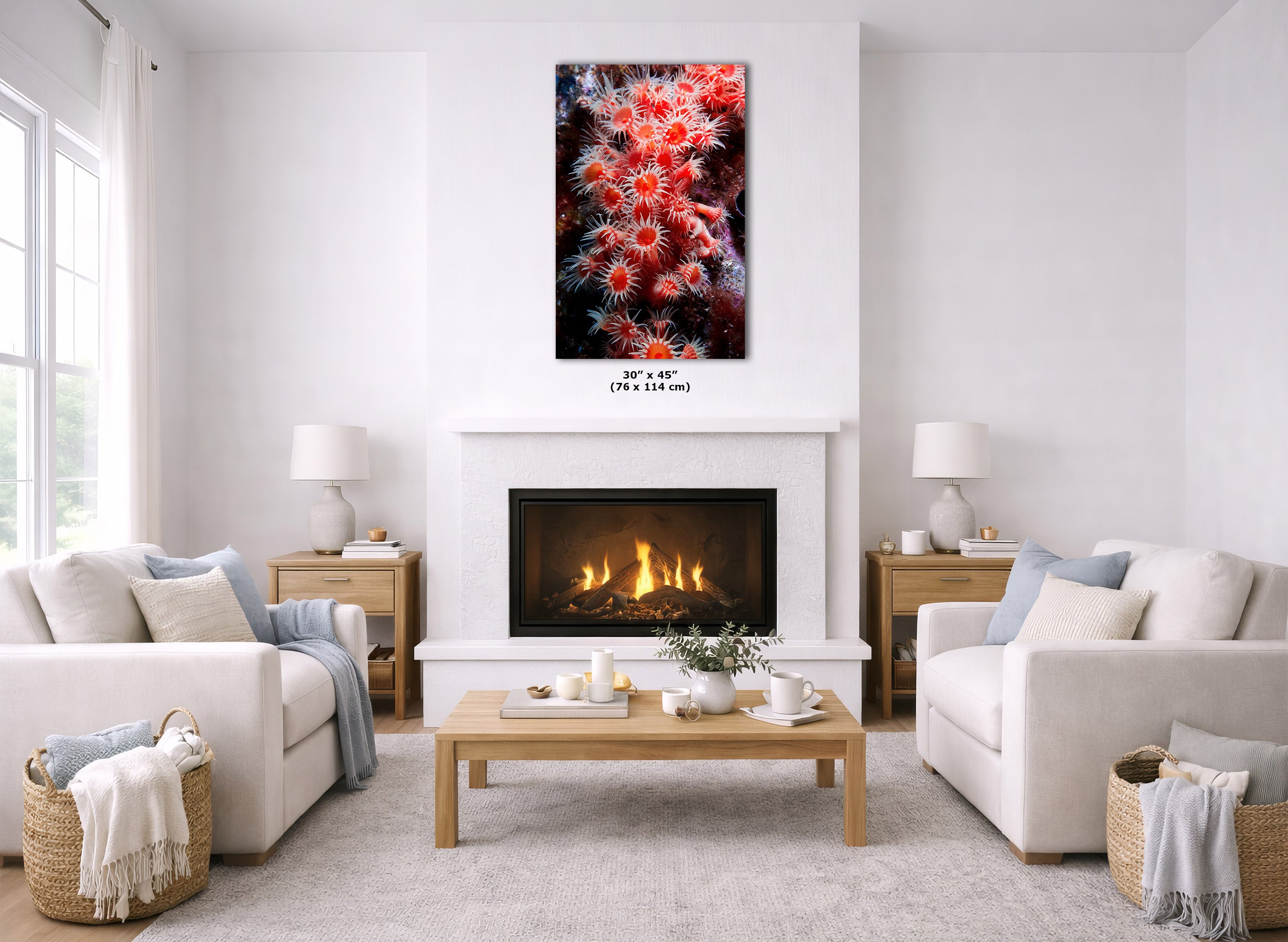 A framed wall art print showing a close-up of red and orange sea anemones, displayed above a fireplace in a bright, modern living room with white sofas and a wooden coffee table.
