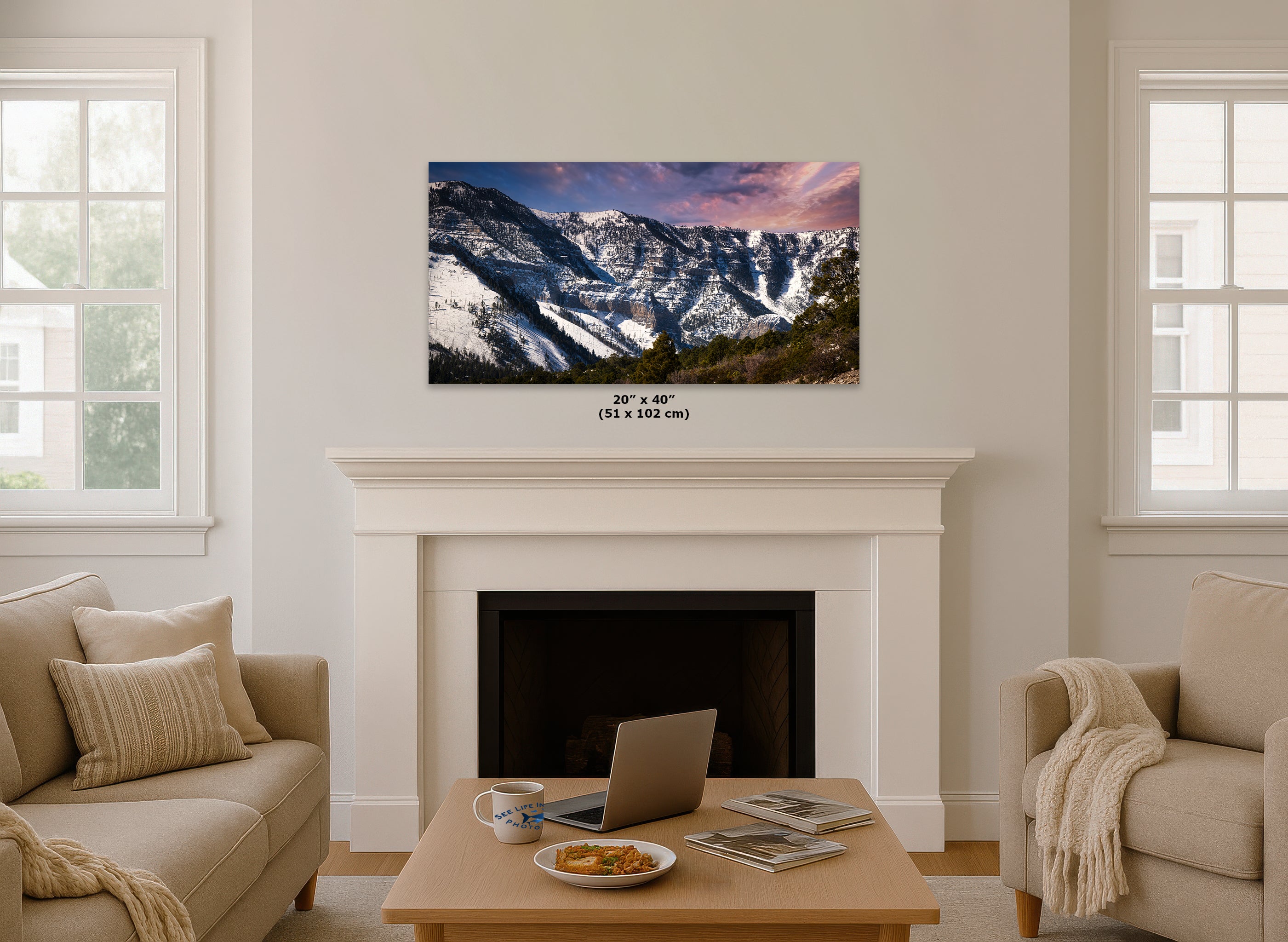 Mt Charleston Nevada Mountain Picture, Snowy Scenery Nature Photo Relaxation Artwork, Winter Landscape for Office, Dorm, Bohemian Decor