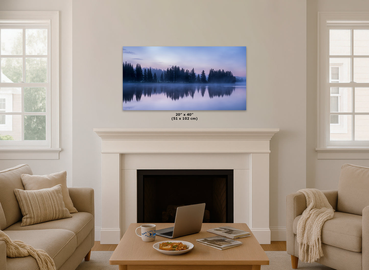 Yellowstone Lake Foggy Forest Picture, Reflection Nature Photo, Wyoming Landscape Relaxation Artwork for Meditation, Office, & House Decor