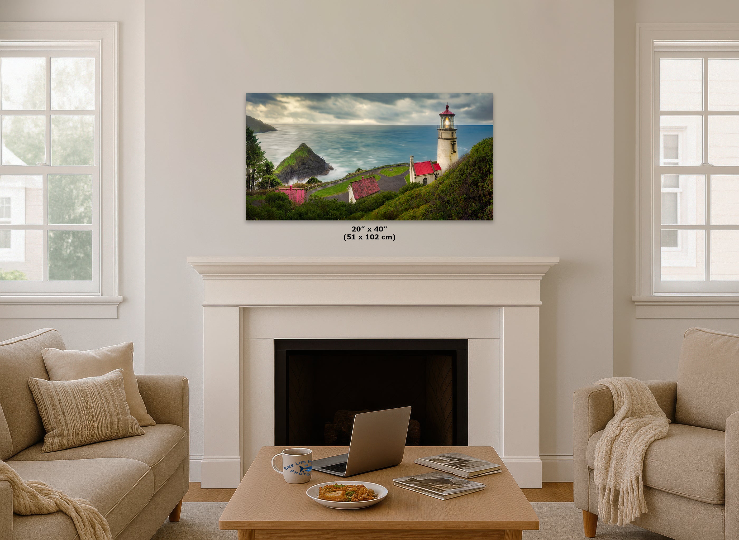 Haceta Head Lighthouse Picture, Oregon Coast Ocean Picture, Pacific Northwest Beach Photo Framed Coastal Decor for Ocean Lovers