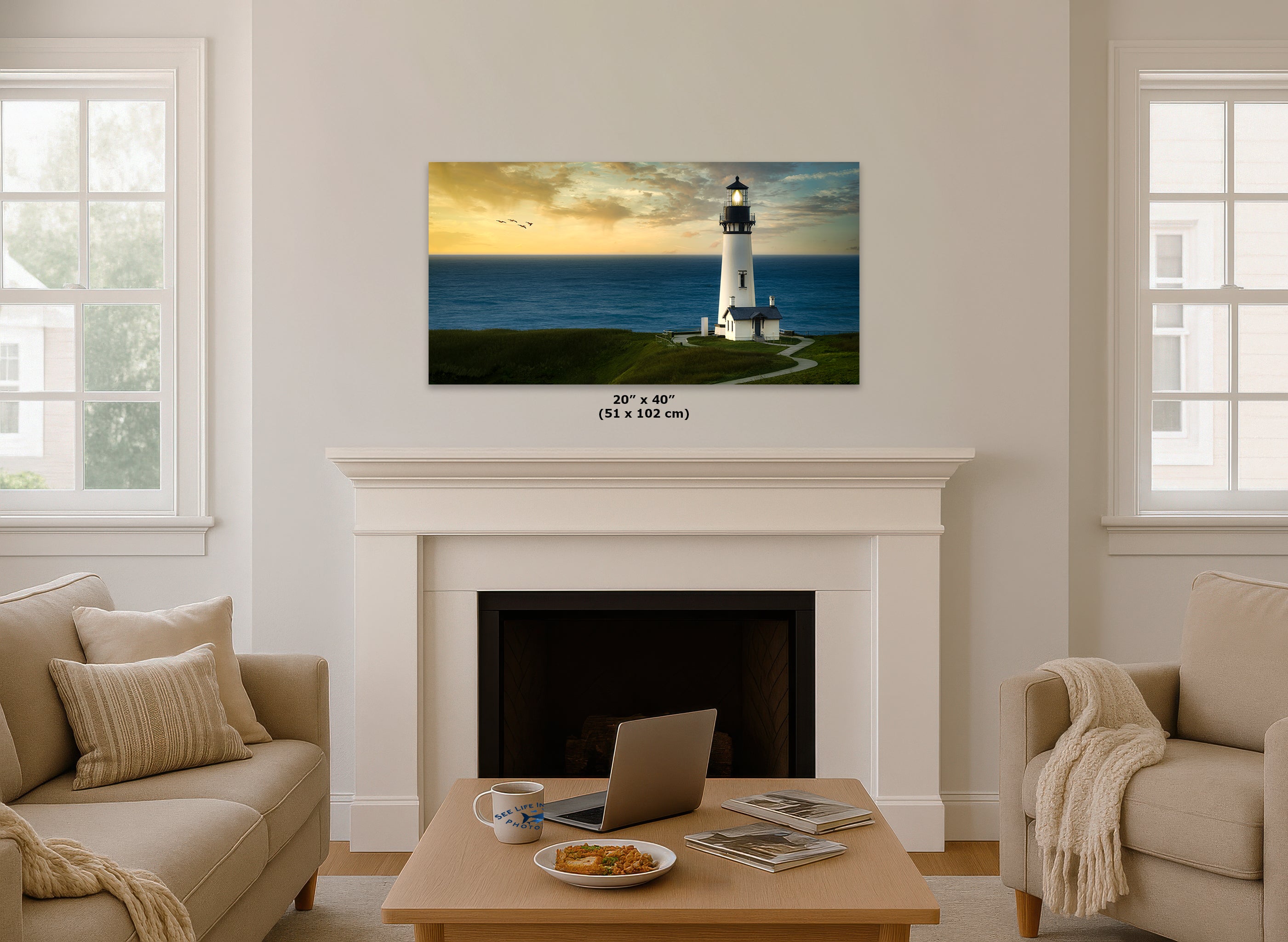 Yaquina Head Lighthouse Picture, Oregon Coast Ocean Picture, Pacific Northwest Beach Photo Wall Art for Office and Relaxation