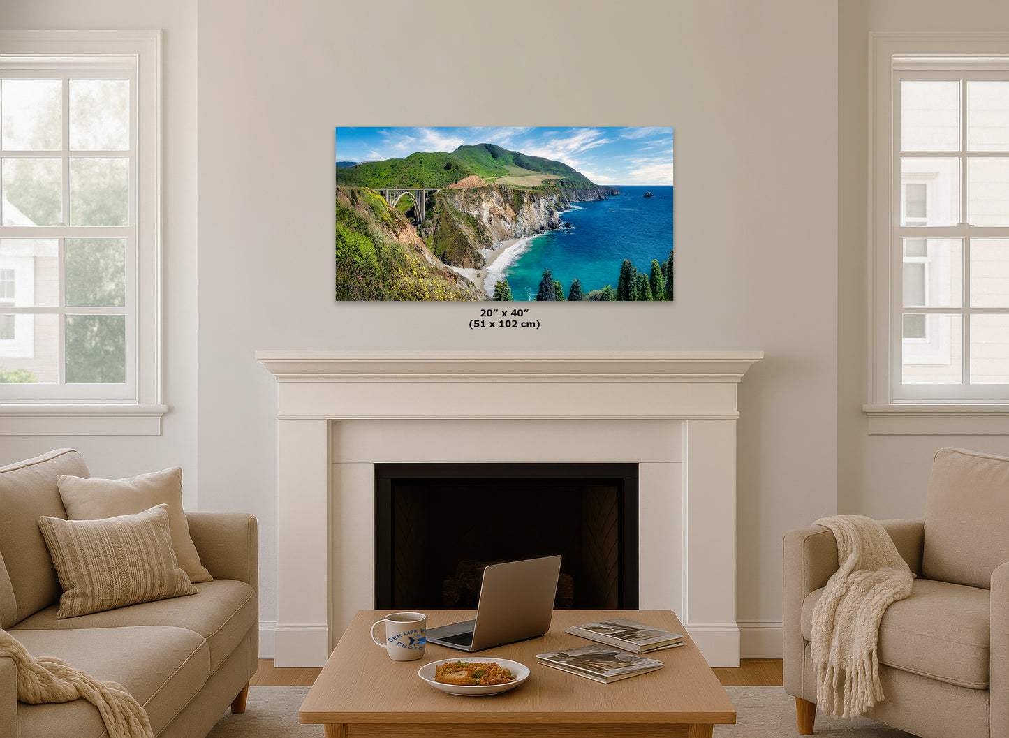 Bixby Bridge Ocean Picture, Big Sur California Coastline Nature Photo Panorama, Relaxation Artwork for Meditation, Office, & House Decor