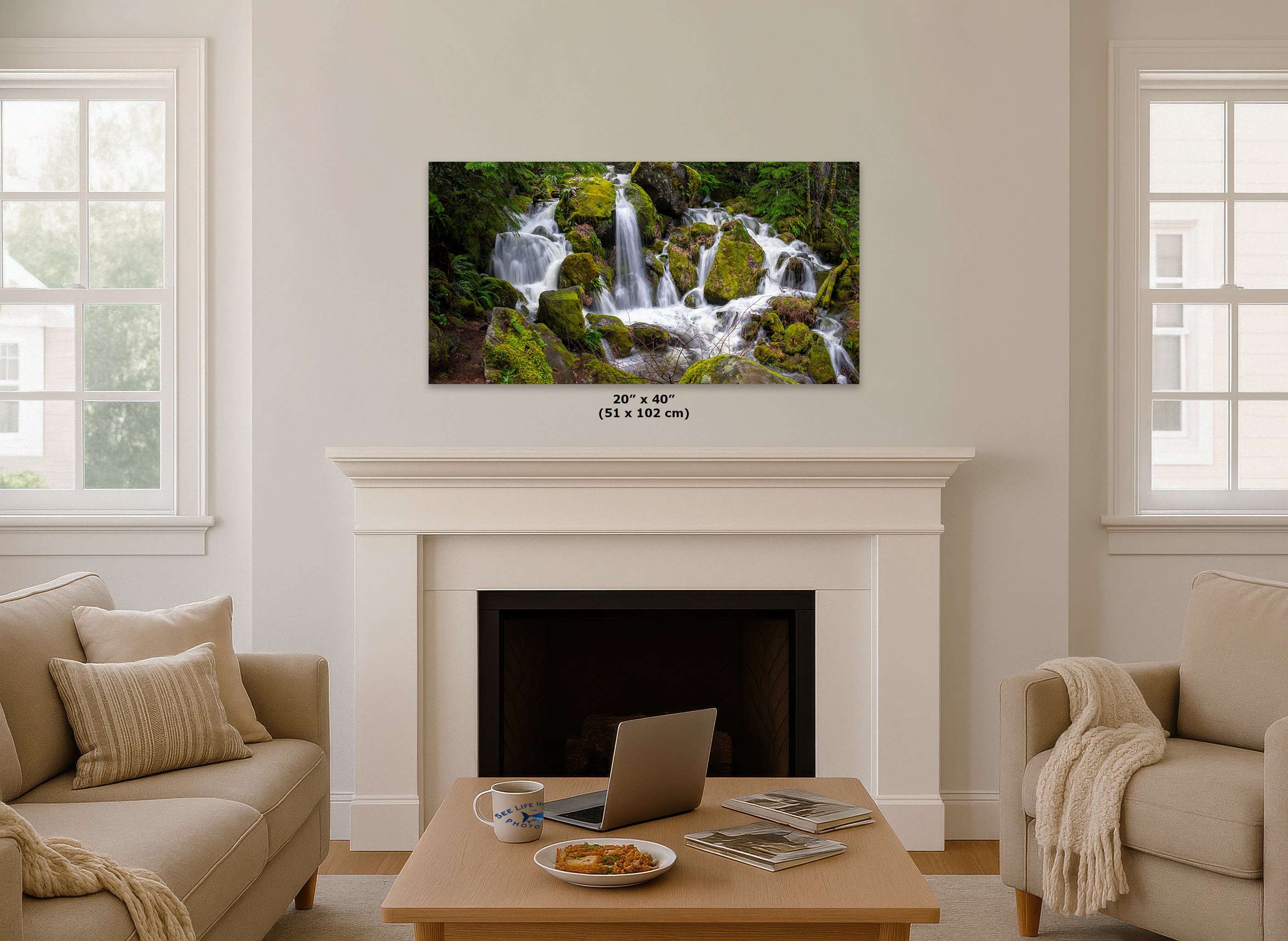 Oregon Pacific Northwest Waterfall Picture Nature Photo Relaxation Artwork in Bohemian Style for Meditation, Office, Apartment, House Decor