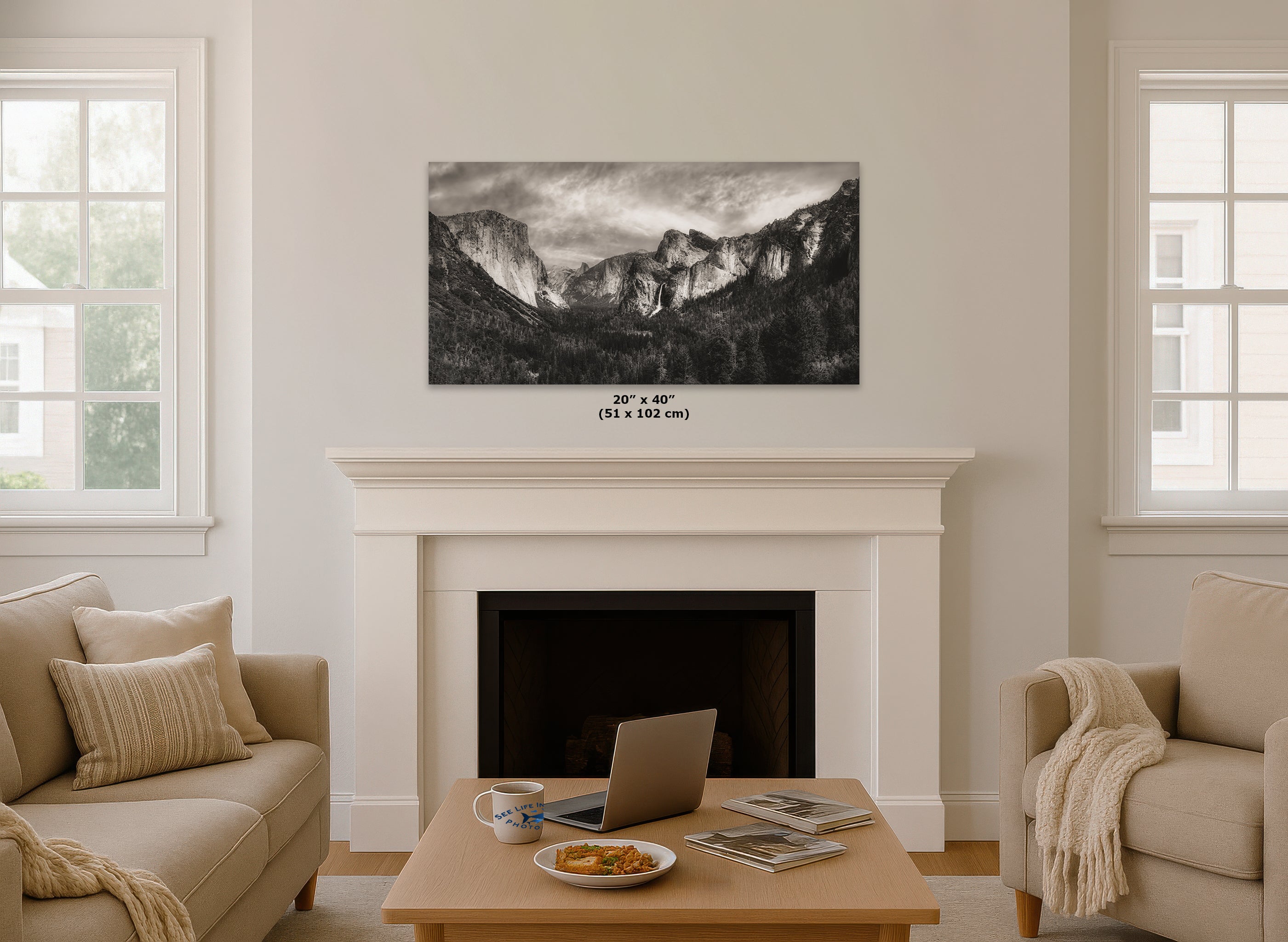 Tunnel View Yosemite National Park Mountain Picture Black and White Nature Photo Relaxation Artwork for Mediation, Office, & House Decor