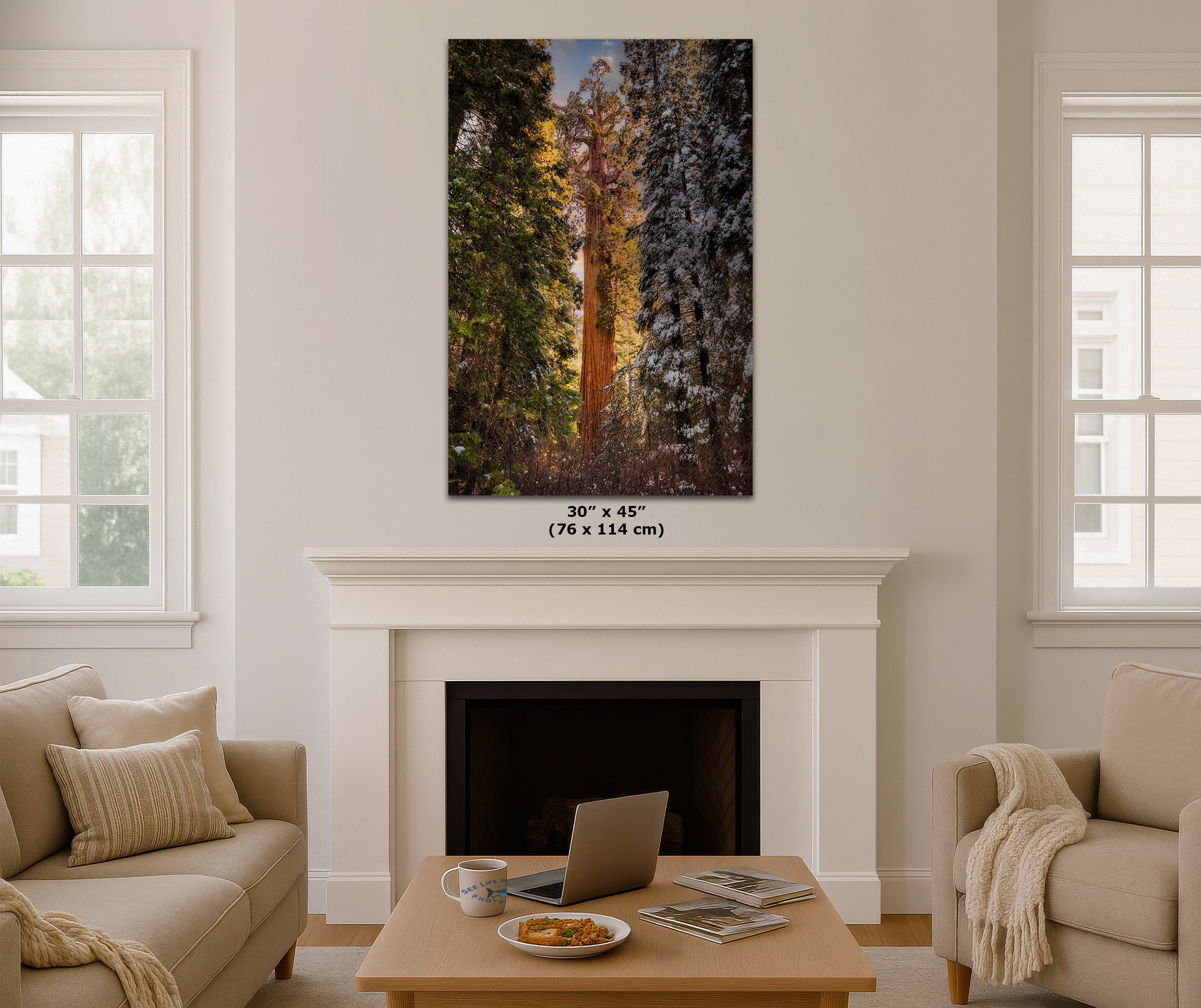 A vertical canvas wall art print depicting a forest of giant redwood trees, styled in a living room mockup above a white fireplace mantel. The print features a golden-brown central tree flanked by dark green and snowy trees.