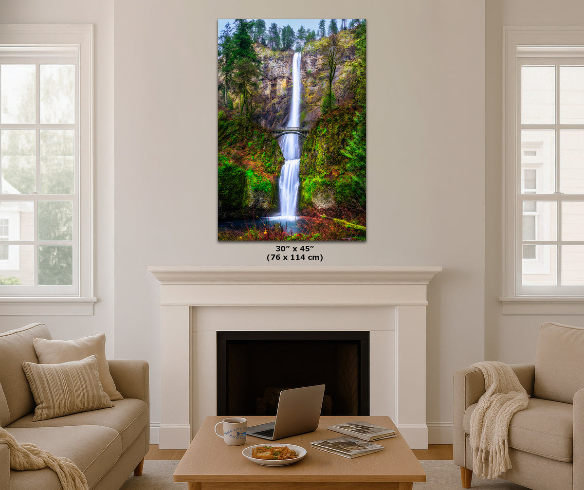 Living room with a large wall-mounted canvas print of a waterfall.