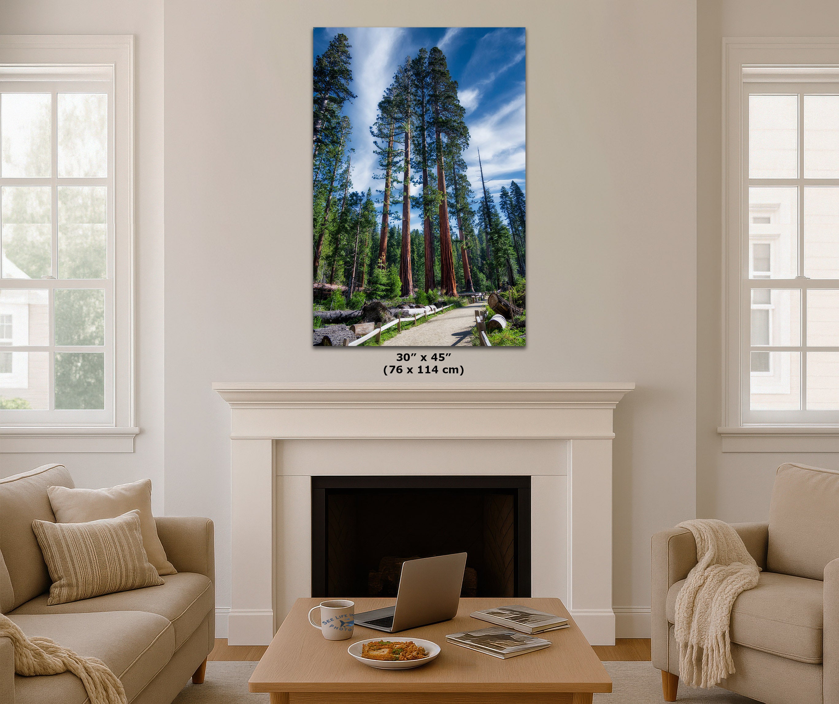 A vertical canvas tall sequoia tree wall art print depicting trees in a Sequoia forest under a blue sky, displayed on a white fireplace mantel in a modern living room setting. The dimensions '30" x 45" (76 x 114 cm)' are printed below the artwork.