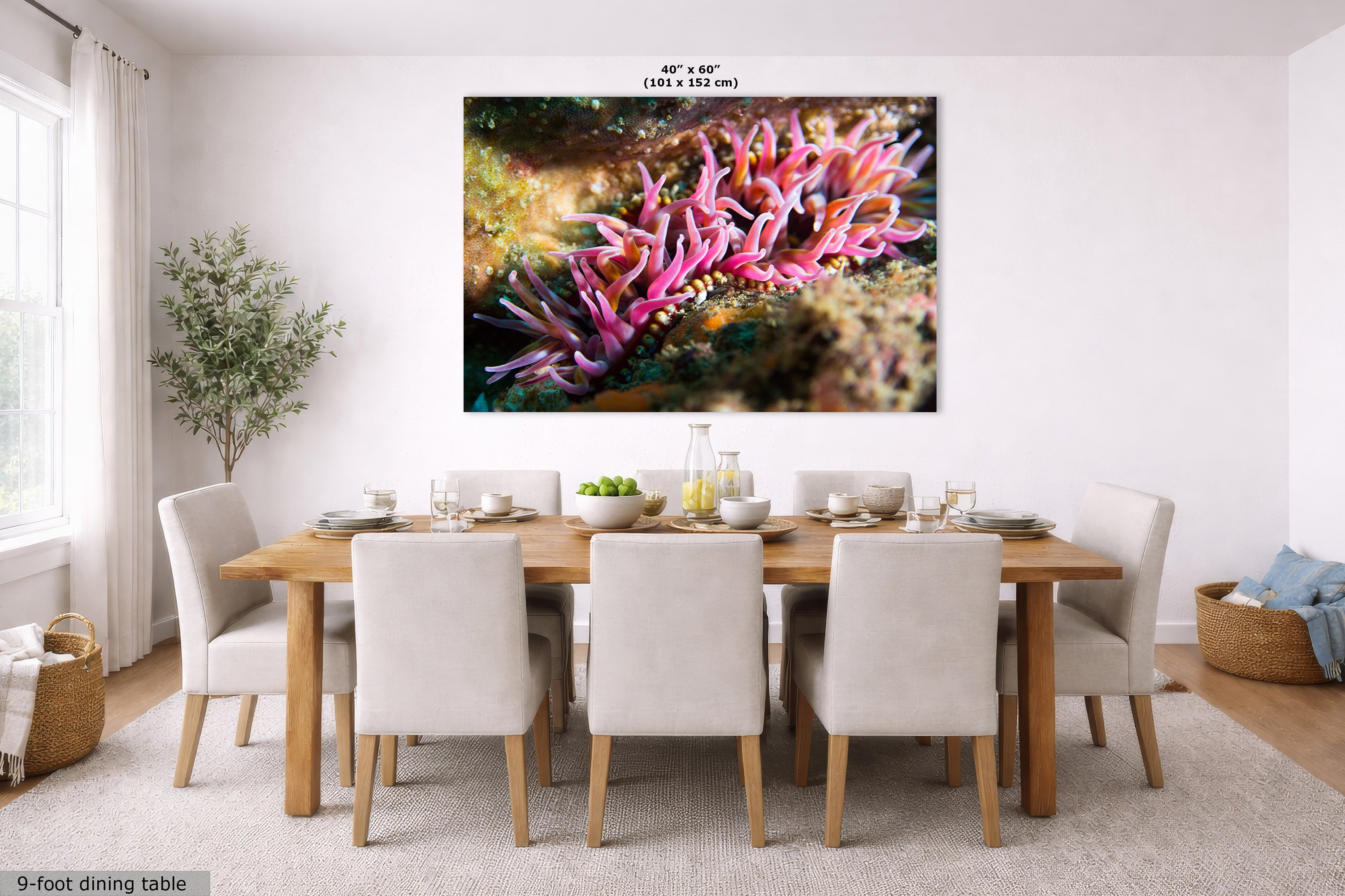 A large rectangular wall art print showing bright pink and purple anemones over a dark ocean floor, displayed above a wooden dining table with white chairs in a bright modern dining room. Small text at the top reads 40 x 60 inches.
