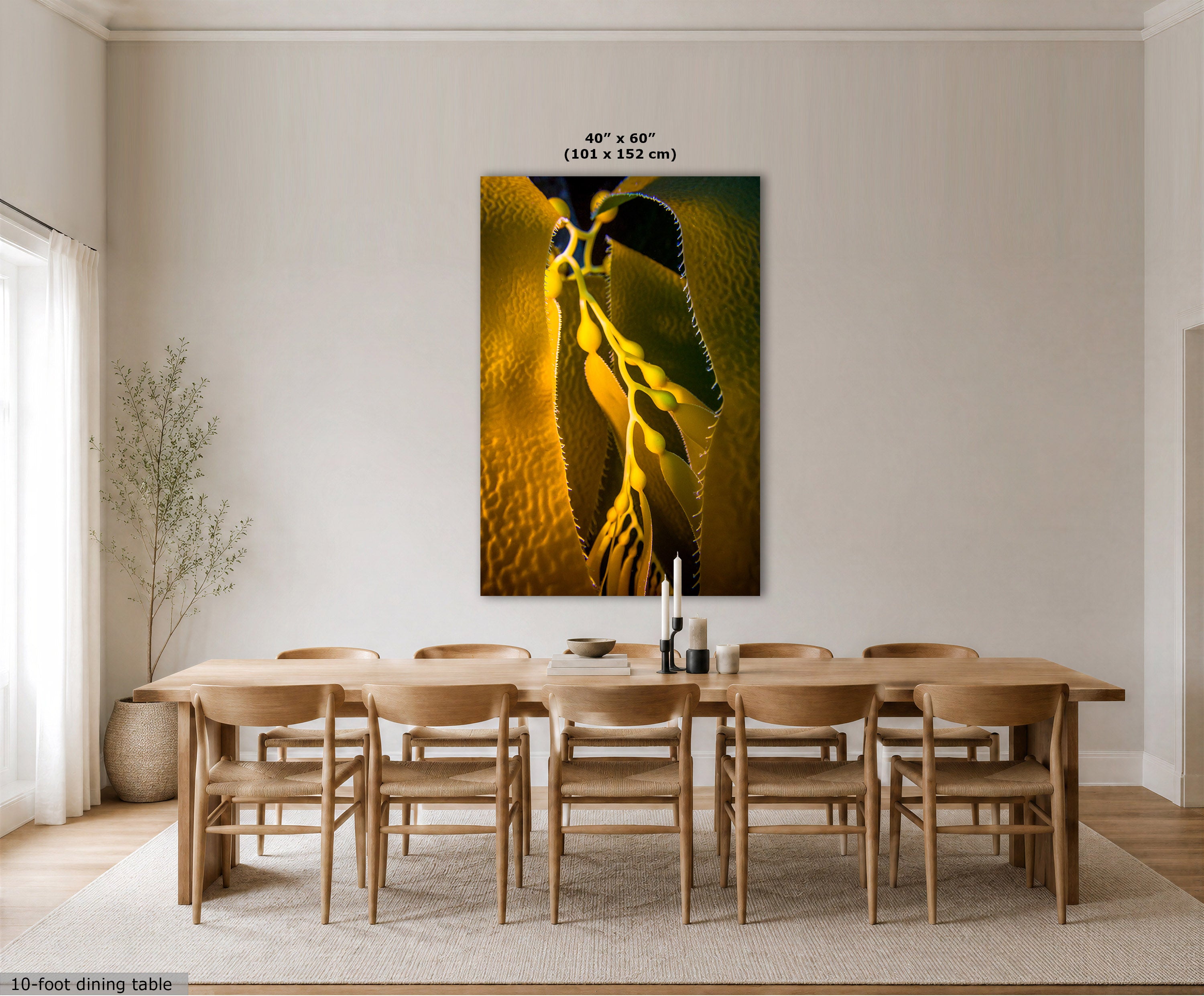 A large vertical wall art print showing displayed in a modern dining room above a wooden dining table and chairs. The print has a dimension label at the top reading 40 x 60 inches (101 x 152 cm).