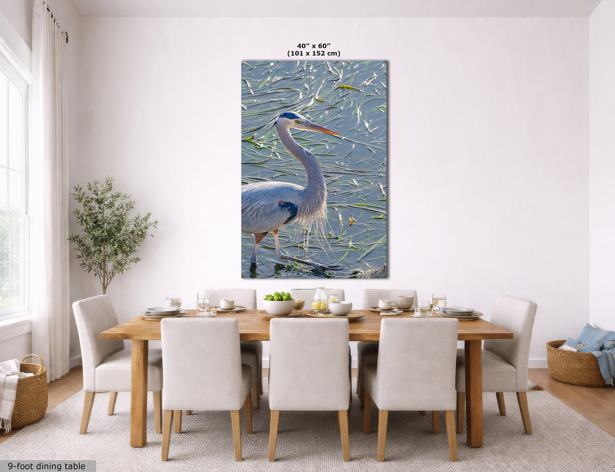 A large vertical wall art print showing a blue heron standing in shallow water, displayed above a wooden dining table with upholstered chairs in a bright, modern dining room. The print has dimensions labeled at the top as 40 in x 60 in (101 x 152 cm).