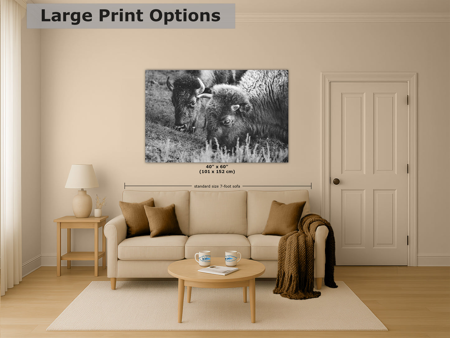 Grazing Buffalo Artwork Wildlife Photography, Black and White Bison Wall Decor, Rustic Cabin Animal Print, Nature Wall Art for Home or Office