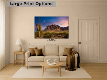 Arizona Desert Picture Sunset, Saguaro Cactus Artwork Nature Photo, Southwestern Wall Art of Superstition Mountains at Lost Dutchman State Park