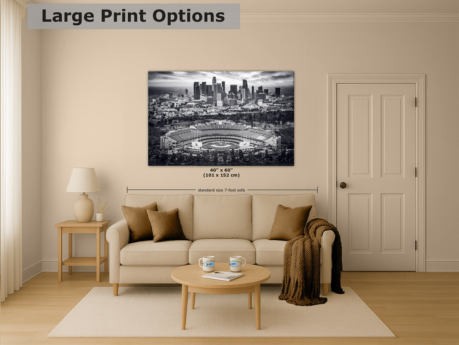 40x60 inch black and white print of Dodger Stadium and the Los Angeles skyline, large monochrome baseball wall art above a sofa
