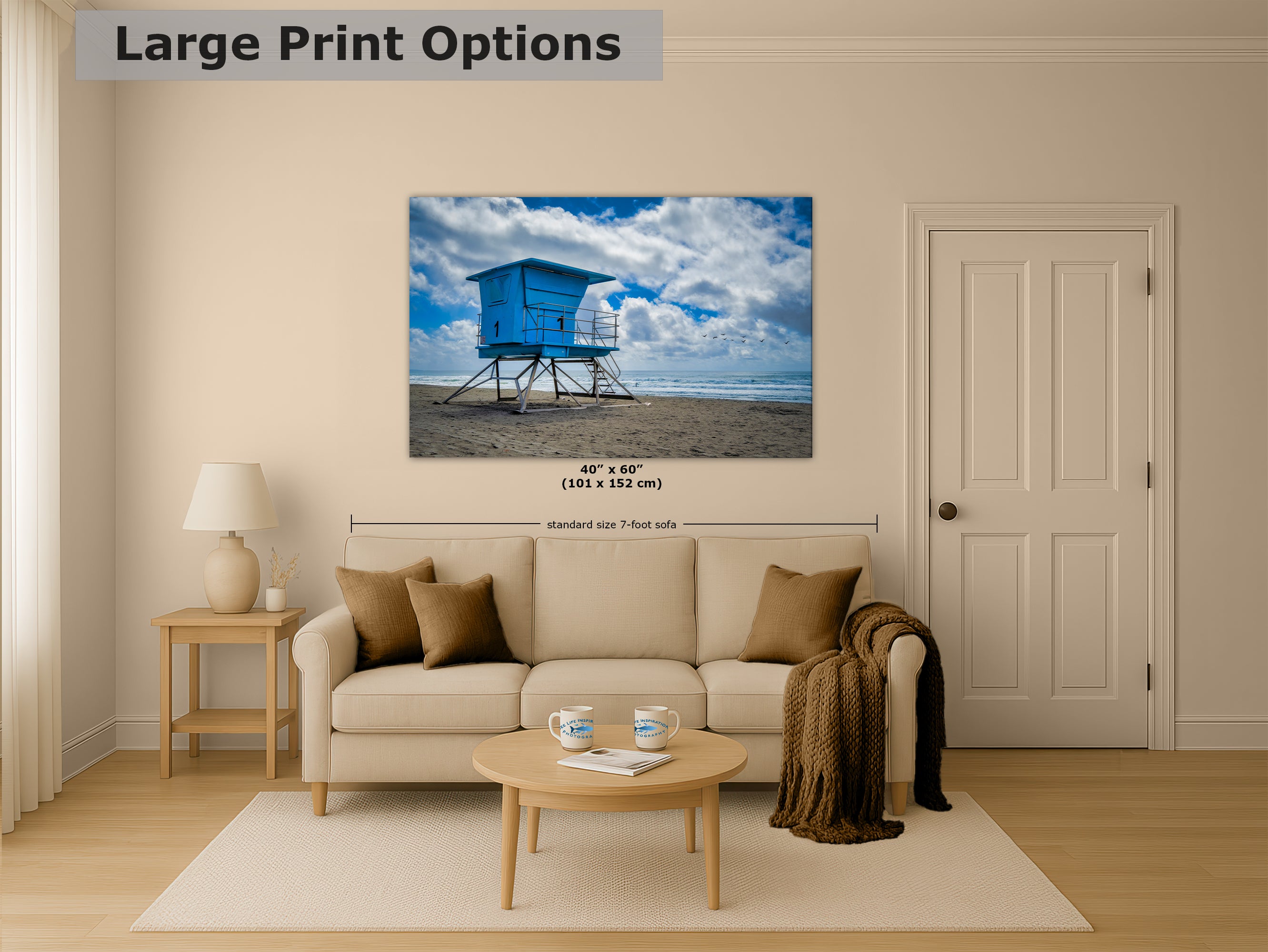 Southern California Coastline Lifeguard Tower Ocean Picture, Oceanside Relaxation Artwork for Meditation, Office, Dorm, and House Decor