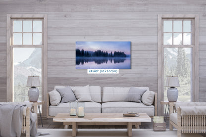 Yellowstone Lake Foggy Forest Picture, Reflection Nature Photo, Wyoming Landscape Relaxation Artwork for Meditation, Office, & House Decor
