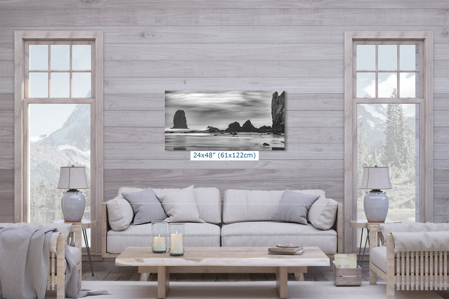 Cannon Beach Oregon Coast Ocean Picture Nature Photo, Black and White Haystack Rocks, Coastal Beach House Decor for Ocean Lovers