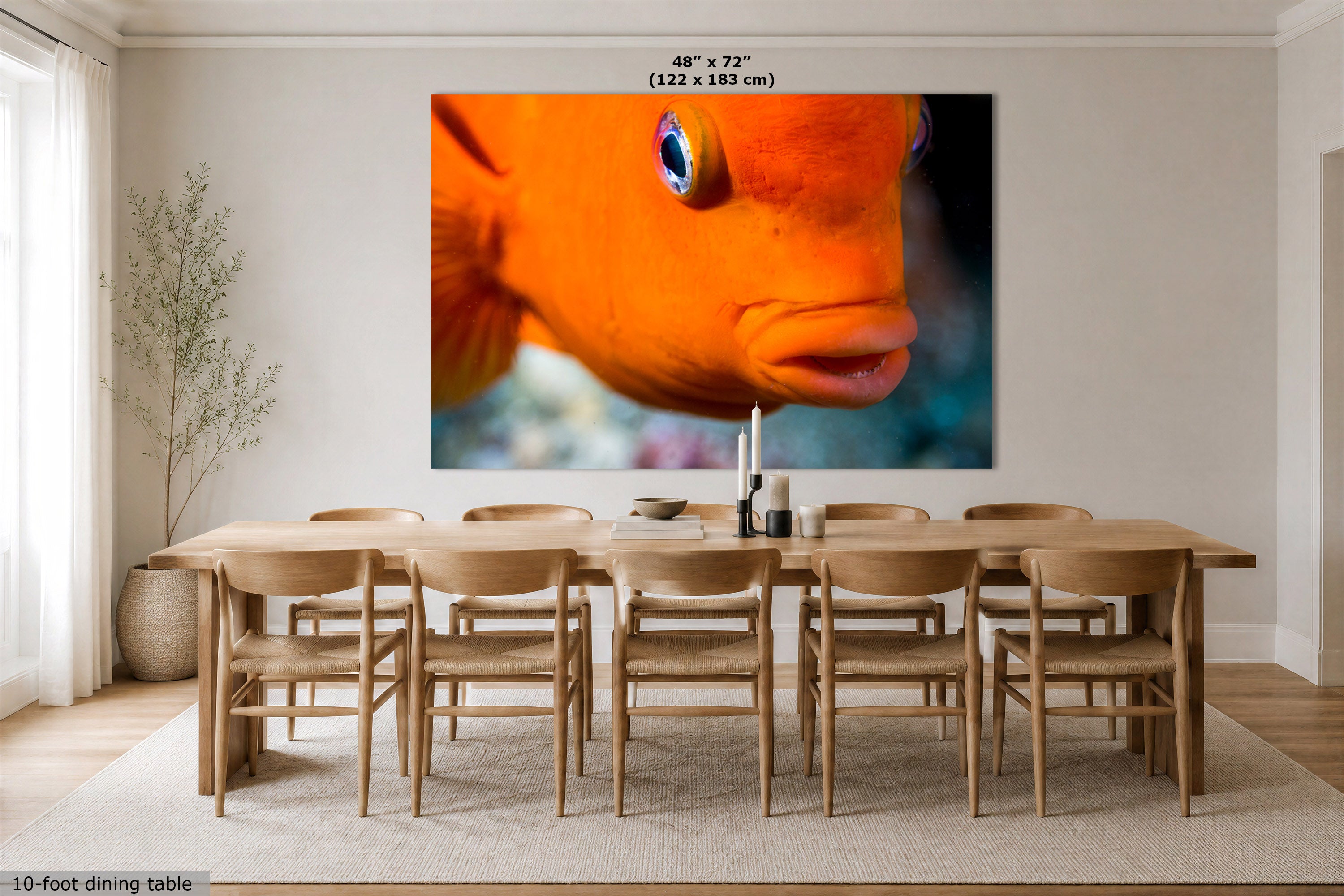 A large wall art print showing a close-up orange fish is displayed above a wooden dining table and chairs in a bright dining room. The print is labeled with dimensions 48" x 72" (122 x 183 cm) at the top.