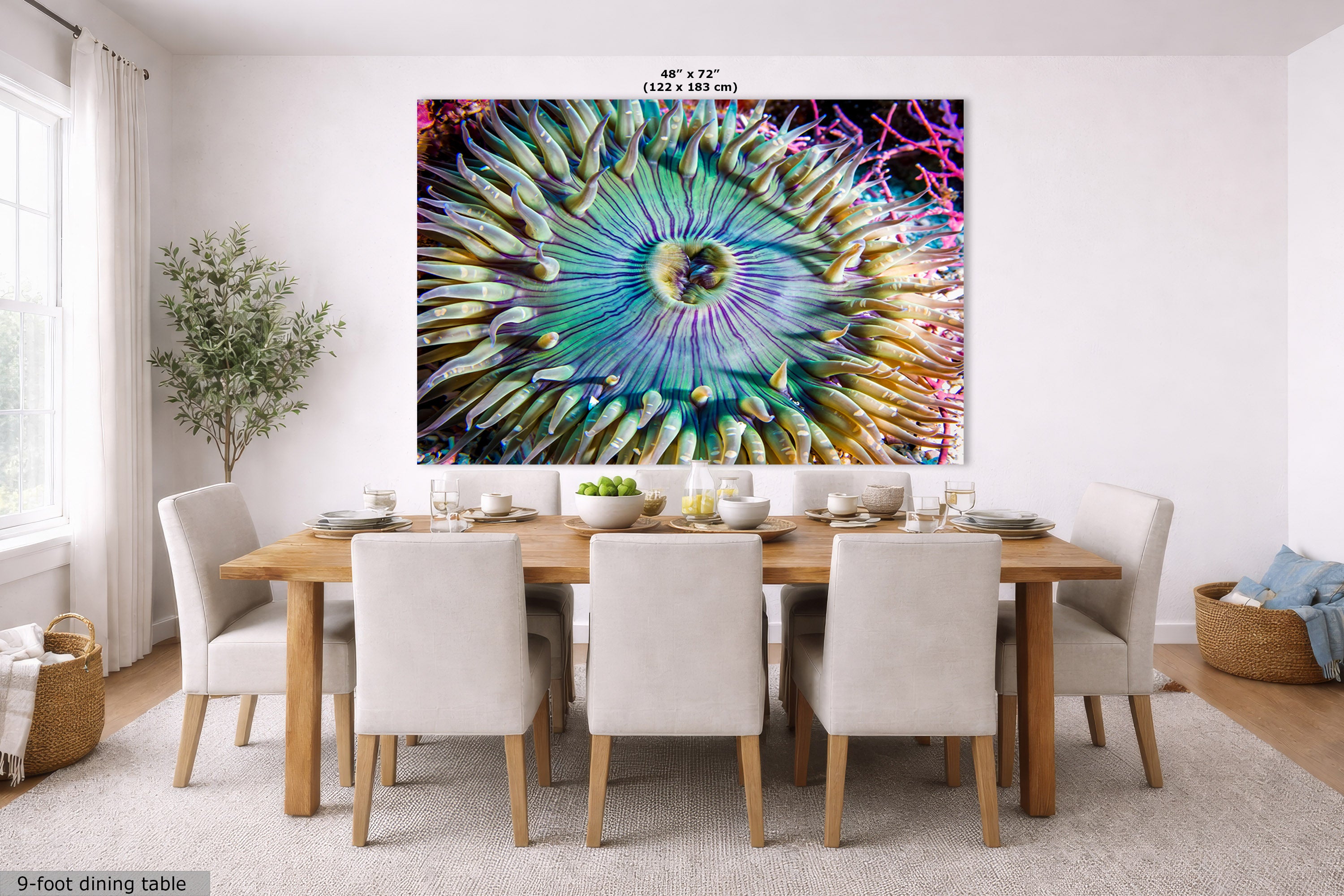 A large square wall art print depicting a colorful anemone or coral-like spiral in teal, blue, yellow, pink, and purple, displayed above a dining table in a bright modern dining room. Small text at the top reads 48" x 72" and at the bottom left says 9-foot dining table.