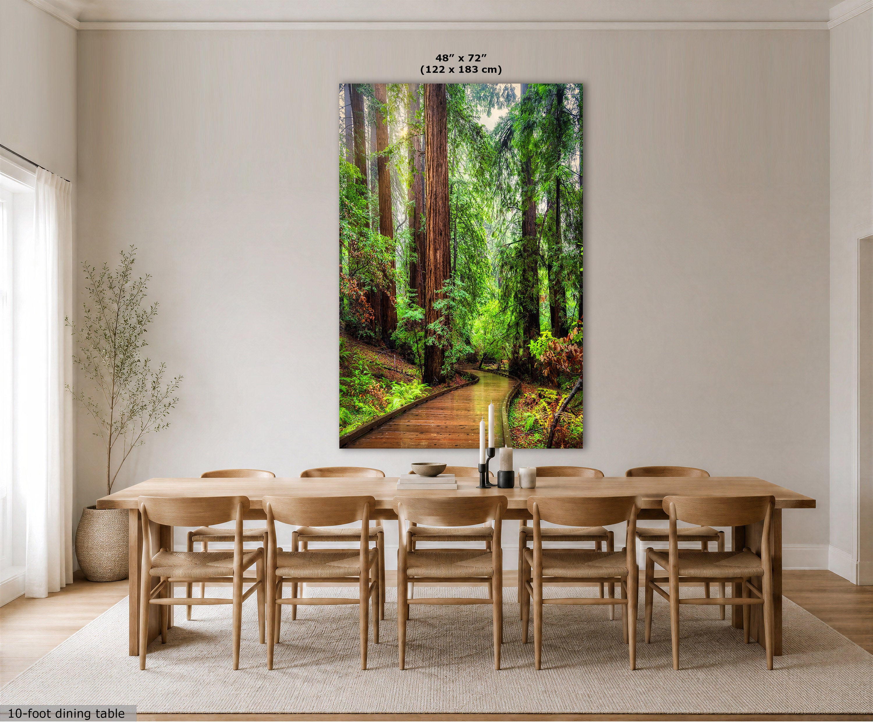 A sunlit redwood forest art print showing a forest path with tall trees and lush greenery, displayed above a wooden dining table and chairs in a bright dining room. The print includes size text at the top and a small label at the bottom left.