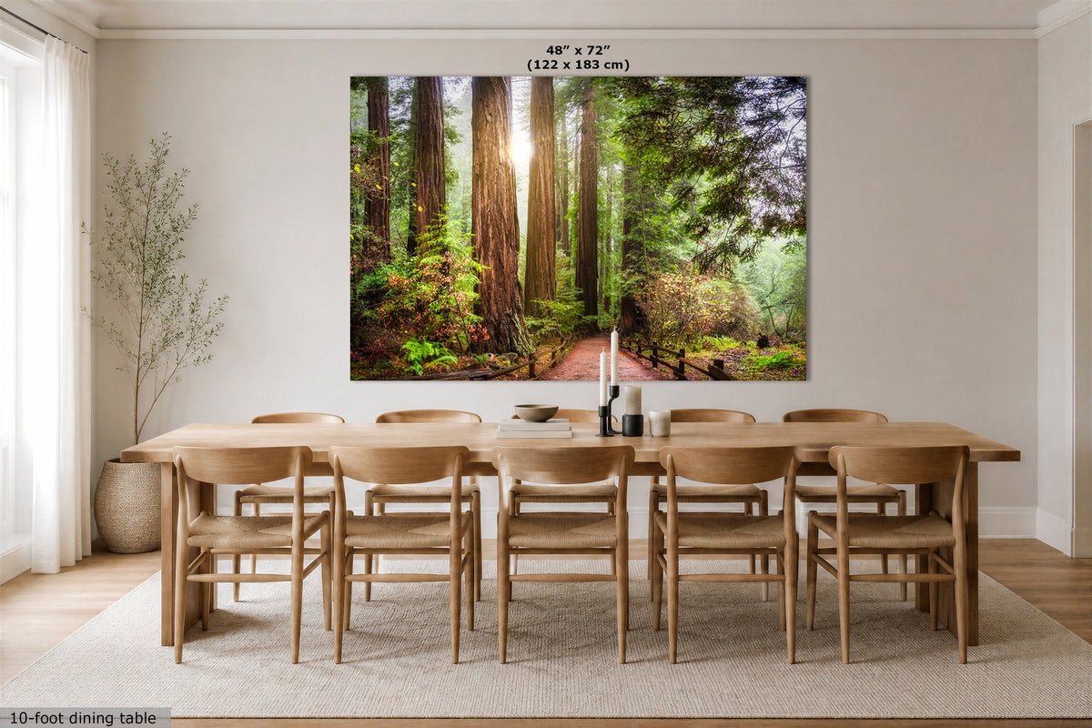 A large rectangular golden redwood forest artwork print showing a sunlit redwood forest, displayed above a wooden dining table and chairs in a bright dining room. Small text at the top reads 48 in x 72 in (122 x 183 cm), and a small caption at the bottom left says 10-foot dining table.