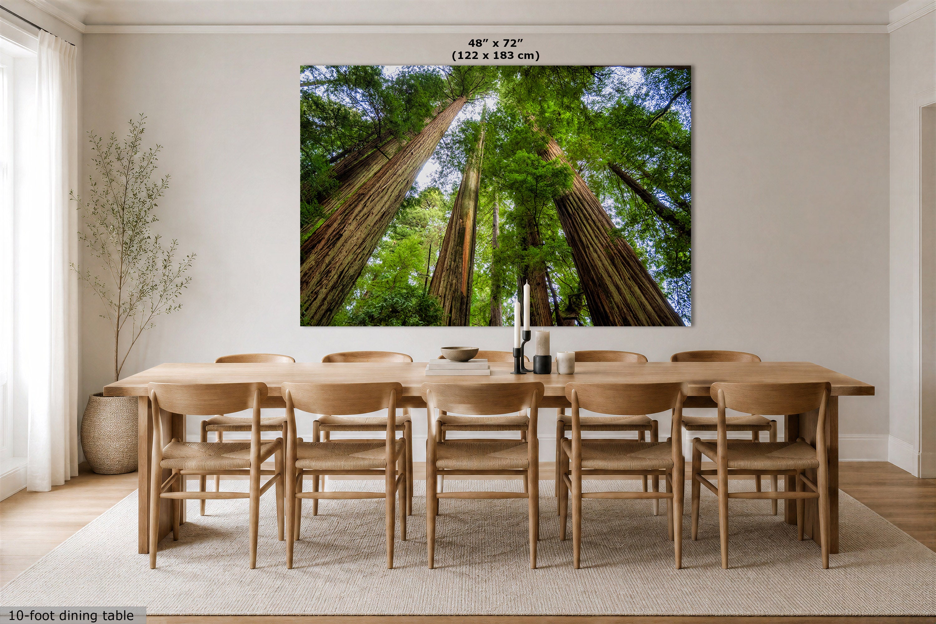 A large wall art print depicting a low-angle view of tall redwood trees is displayed above a wooden dining table and chairs in a bright, modern dining room. The print is labeled with dimensions '48" x 72" (122 x 183 cm)'.