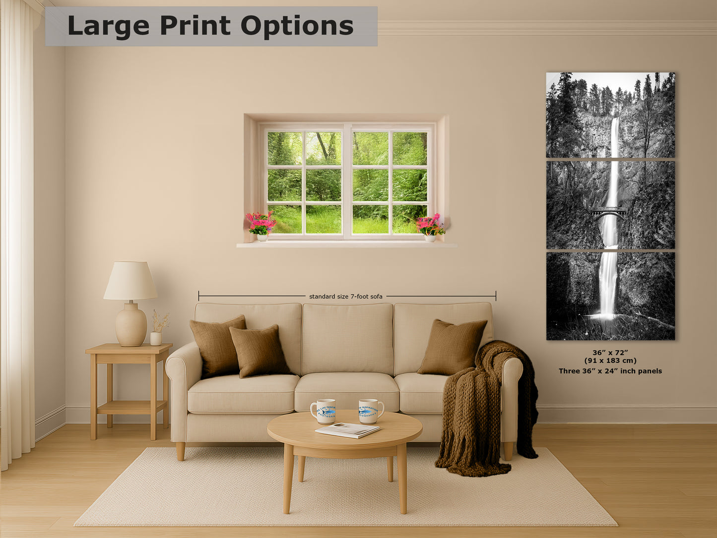 Multnomah Waterfall Picture Nature Photo, Black and White, Pacific Northwest Oregon Picture Relaxation Artwork, Columbia River Gorge for Meditation, House