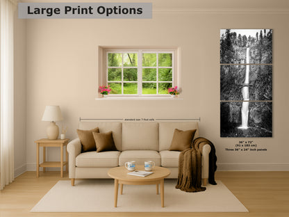 Multnomah Waterfall Picture Nature Photo, Black and White, Pacific Northwest Oregon Picture Relaxation Artwork, Columbia River Gorge for Meditation, House
