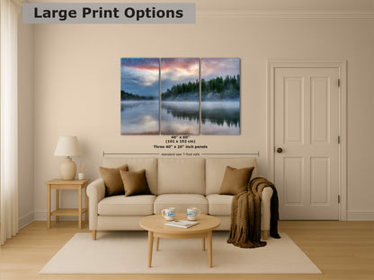 Yellowstone Lake Foggy Forest Picture, Reflection Nature Photo, Wyoming Landscape Relaxation Artwork for Meditation, Office & Home Decor