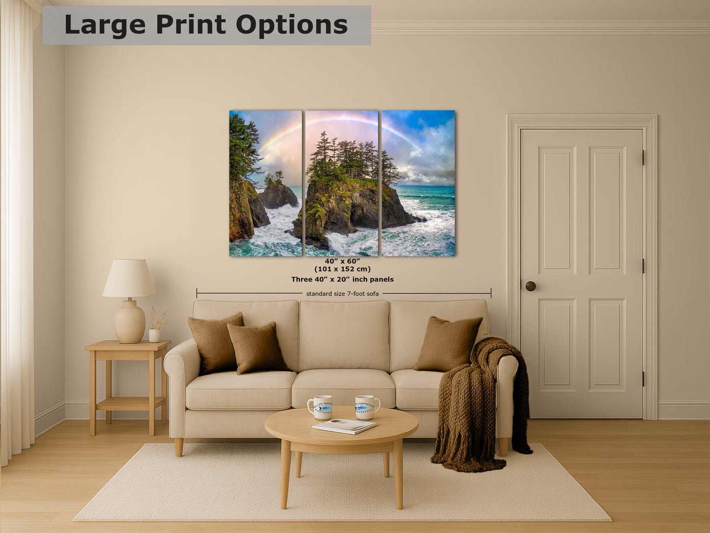 Oregon Coast Ocean Picture, Pacific Northwest Rainbow Nature Photo Relaxation Artwork for Meditation, Apartment, Office & House Decor