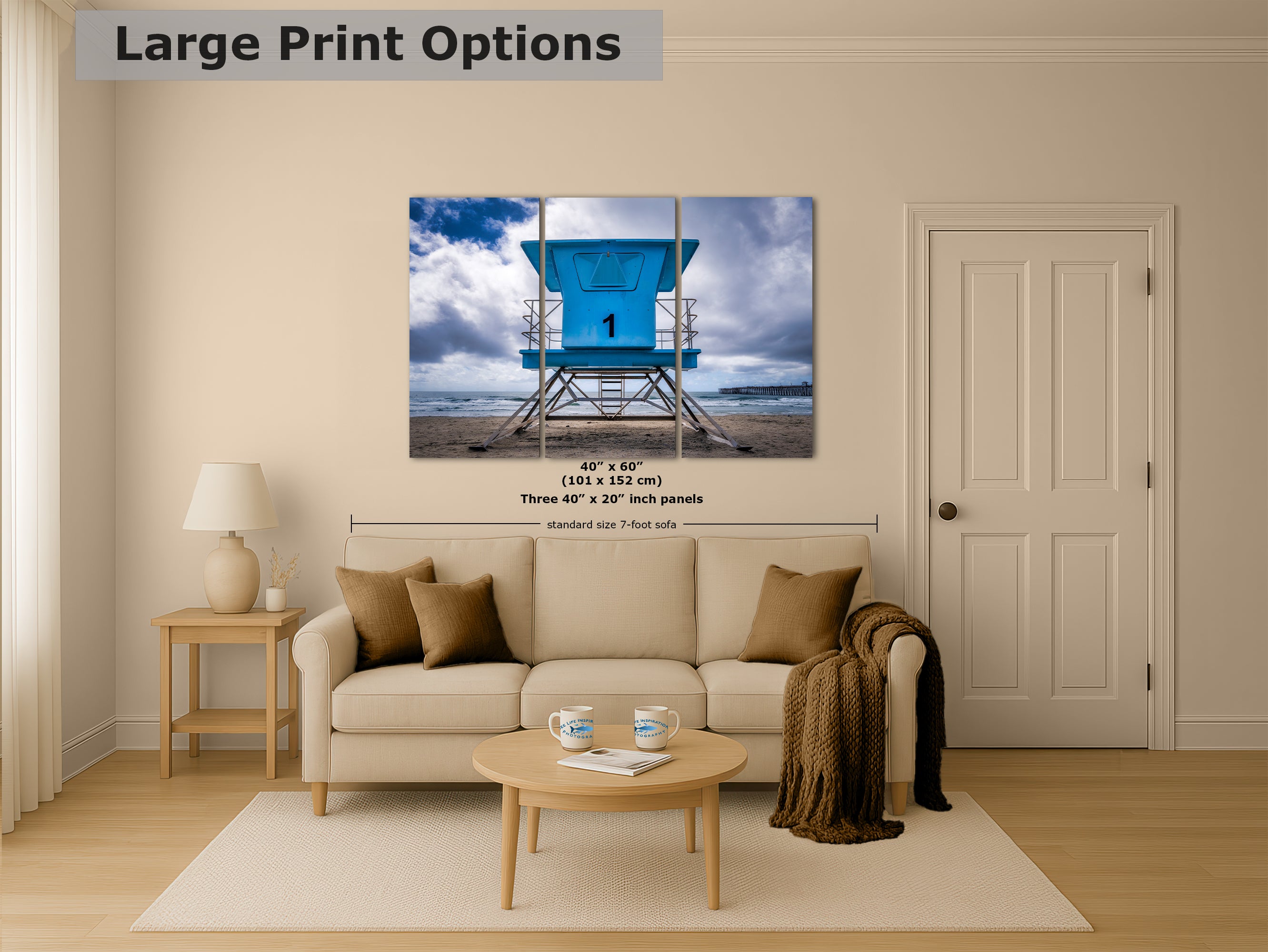 Southern California Coastline Lifeguard Tower Ocean Picture, Oceanside Pier Relaxation Artwork for Meditation, Office, Dorm, and House Decor