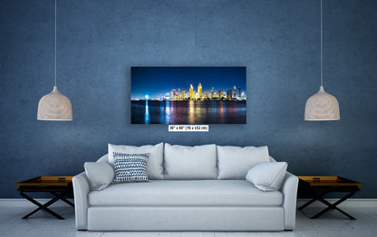 San Diego Skyline Panorama Photo, Urban Cityscape at Night Wall Art, Large Canvas Print for Living Room or Office