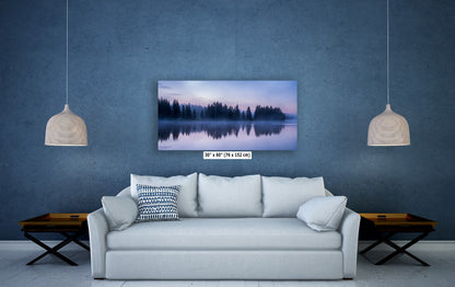 Yellowstone Lake Foggy Forest Picture, Reflection Nature Photo, Wyoming Landscape Relaxation Artwork for Meditation, Office, & House Decor