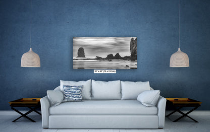 Cannon Beach Oregon Coast Ocean Picture Nature Photo, Black and White Haystack Rocks, Coastal Beach House Decor for Ocean Lovers