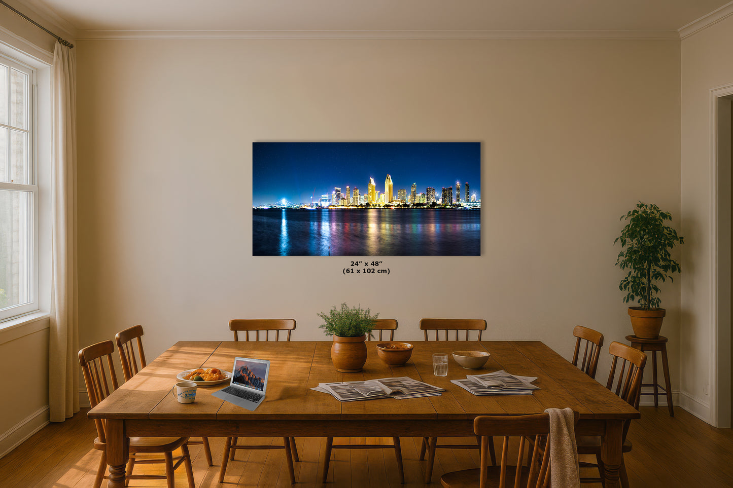 San Diego Skyline Panorama Photo, Urban Cityscape at Night Wall Art, Large Canvas Print for Living Room or Office
