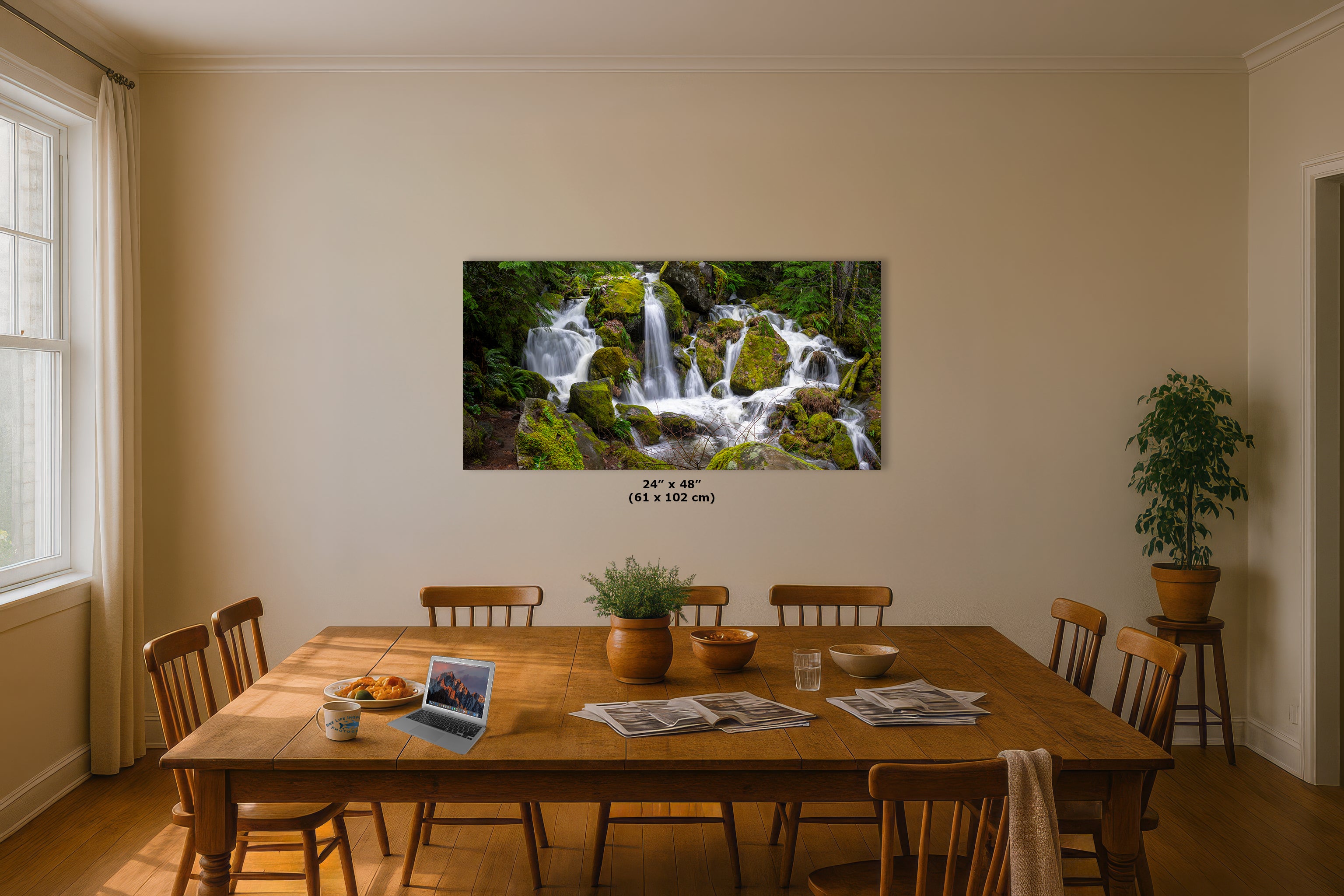 Oregon Pacific Northwest Waterfall Picture Nature Photo Relaxation Artwork in Bohemian Style for Meditation, Office, Apartment, House Decor