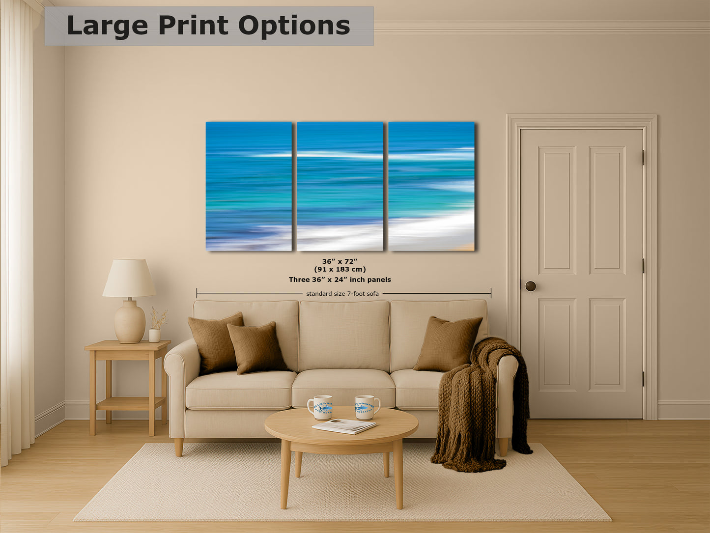 Bright Beach Waves Ocean Picture Impressionist Art Nature Photo, Relaxation Artwork for Coastal Meditation, Office, and House Decor