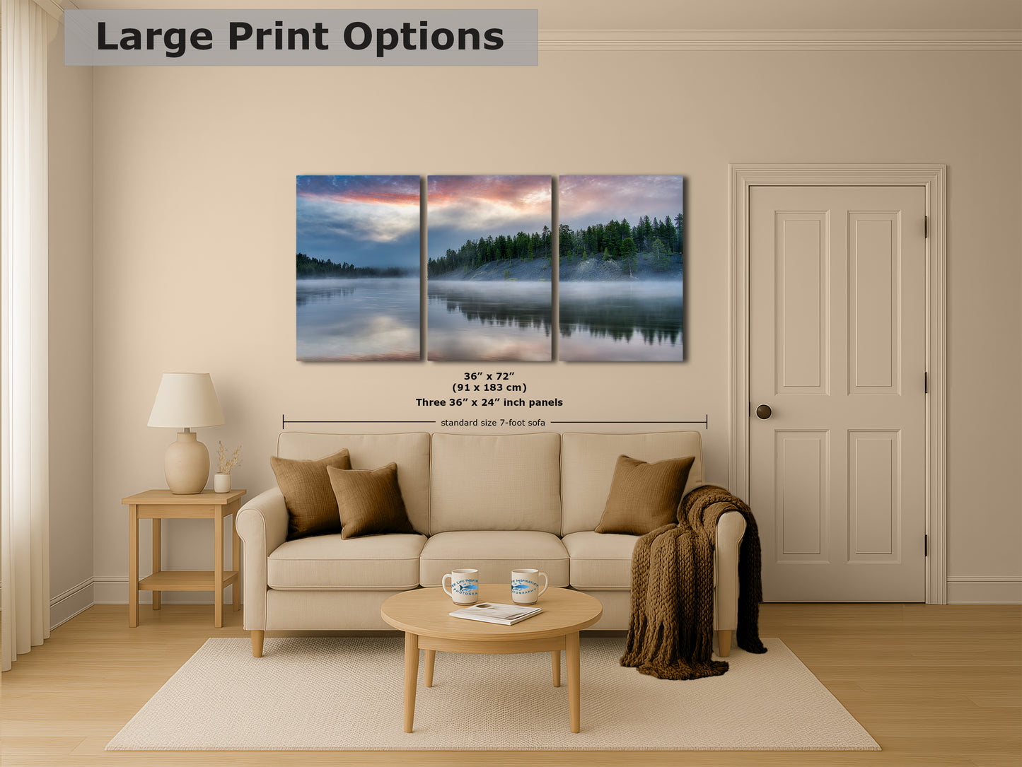 Yellowstone Lake Foggy Forest Picture, Reflection Nature Photo, Wyoming Landscape Relaxation Artwork for Meditation, Office & Home Decor