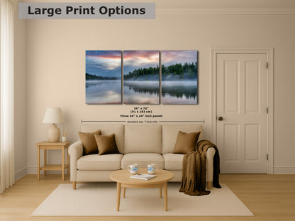 Yellowstone Lake Foggy Forest Picture, Reflection Nature Photo, Wyoming Landscape Relaxation Artwork for Meditation, Office & Home Decor