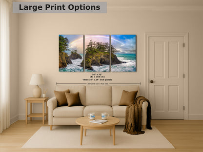Oregon Coast Ocean Picture, Pacific Northwest Rainbow Nature Photo Relaxation Artwork for Meditation, Apartment, Office & House Decor