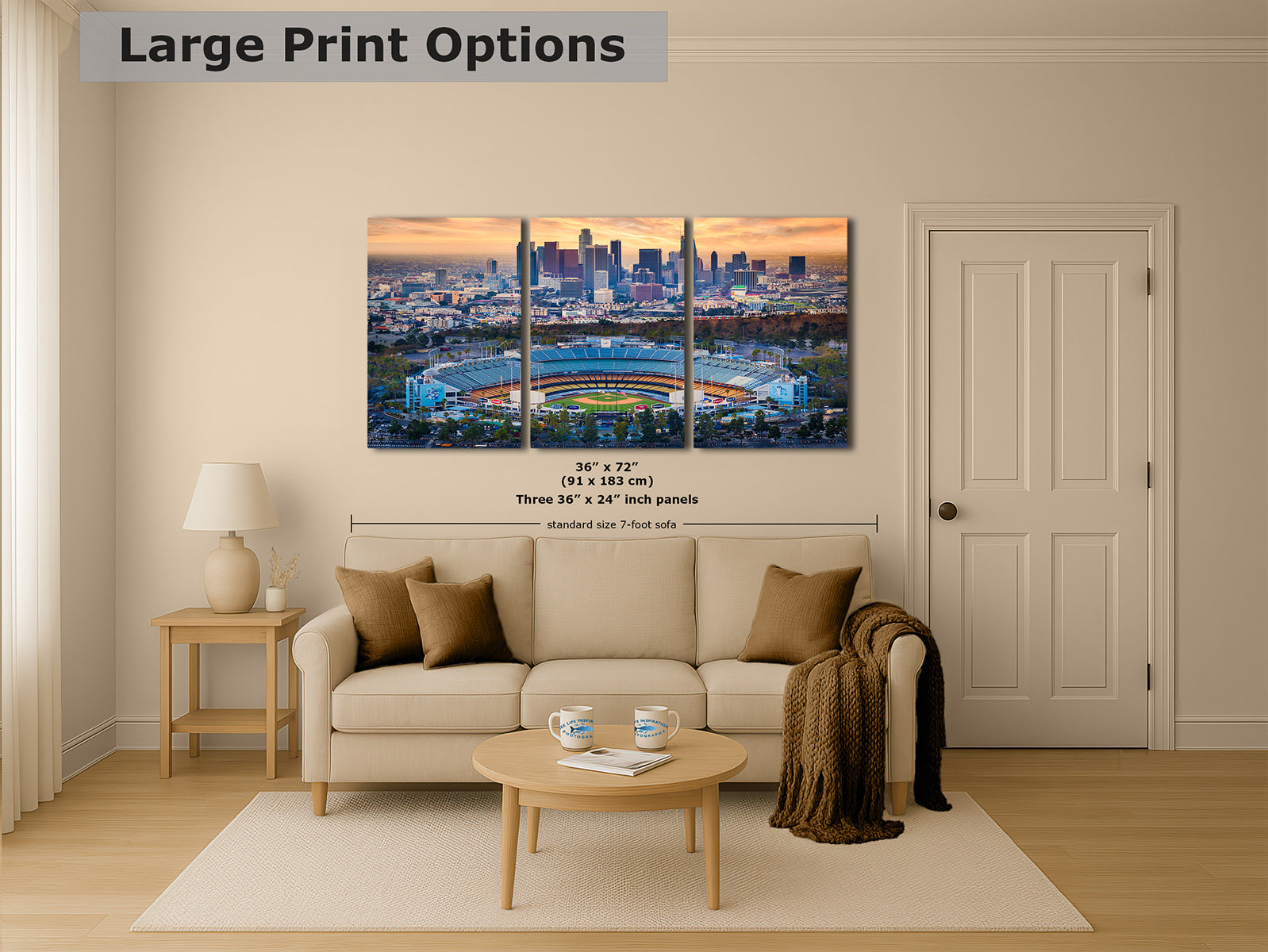 36x72 inch three-panel print of Dodger Stadium and the Los Angeles skyline at sunset, baseball wall art above a sofa