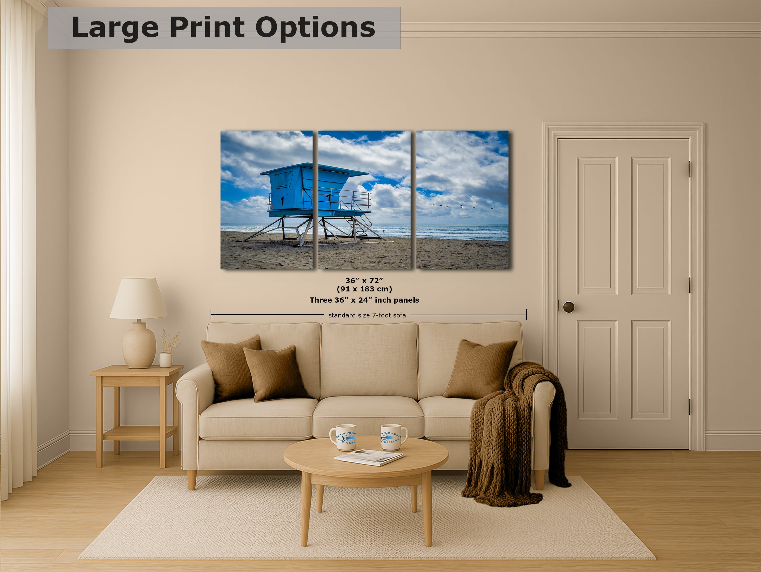 Southern California Coastline Lifeguard Tower Ocean Picture, Oceanside Relaxation Artwork for Meditation, Office, Dorm, and House Decor