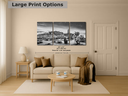 Arizona Desert Picture in Black and White, Saguaro Cactus Artwork Nature Photo, Southwestern Wall Art of Superstition Mountains at Lost Dutchman State Park